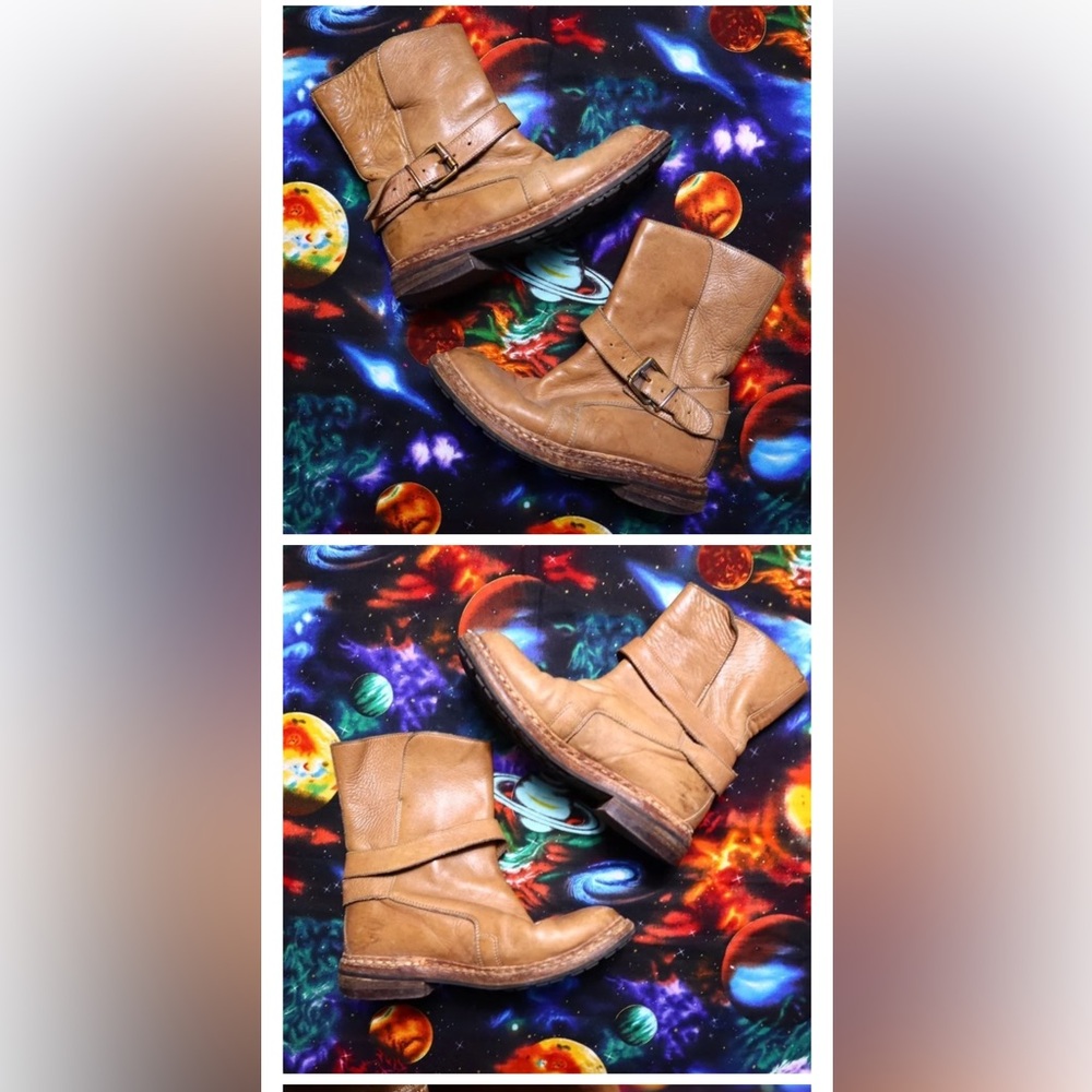 BURBERRY Grantville Moto Rugged British Tan Leather Buckle Booties